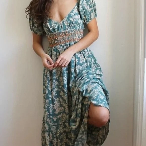 Free People | Dresses | Free People Blue And Green Midi Sundress With Puff  Sleeves | Poshmark